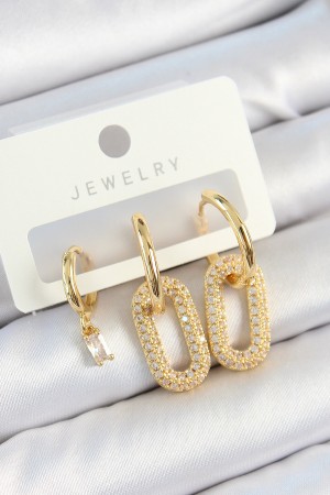 Pirinç Zirkon Taşlı Dikdörtgen Model Gold Renk 3'lü Çift Kadın Küpe Set - TJ-BKP10816 Pirinç Zirkon Taşlı Dikdörtgen Model Gold Renk 3'lü Çift Kadın Küpe Set - TJ-BKP10816