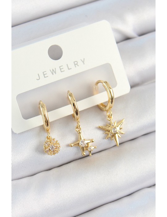 Pirinç Zirkon Taşlı Yıldız Model Gold Renk 3'lü Çift Kadın Küpe Set - TJ-BKP10818