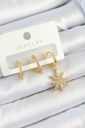 Pirinç Zirkon Taşlı Kutup Yıldızı Model Gold Renk 3'lü Çift Kadın Küpe Set - TJ-BKP10820