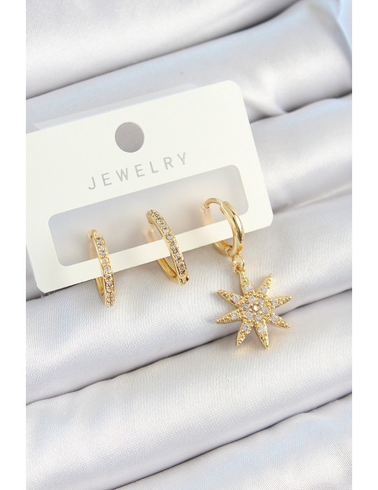 Pirinç Zirkon Taşlı Kutup Yıldızı Model Gold Renk 3'lü Çift Kadın Küpe Set - TJ-BKP10820