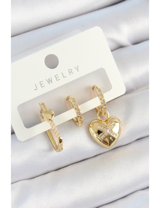 Pirinç Zirkon Taşlı Kalp Model Gold Renk 3'lü Çift Kadın Küpe Set - TJ-BKP10822