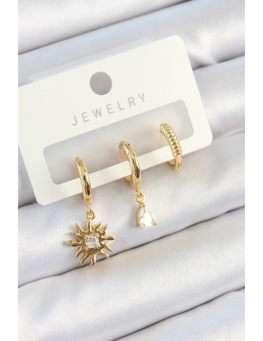 Pirinç Zirkon Taşlı Güneş Model Gold Renk 3'lü Çift Kadın Küpe Set - TJ-BKP10824