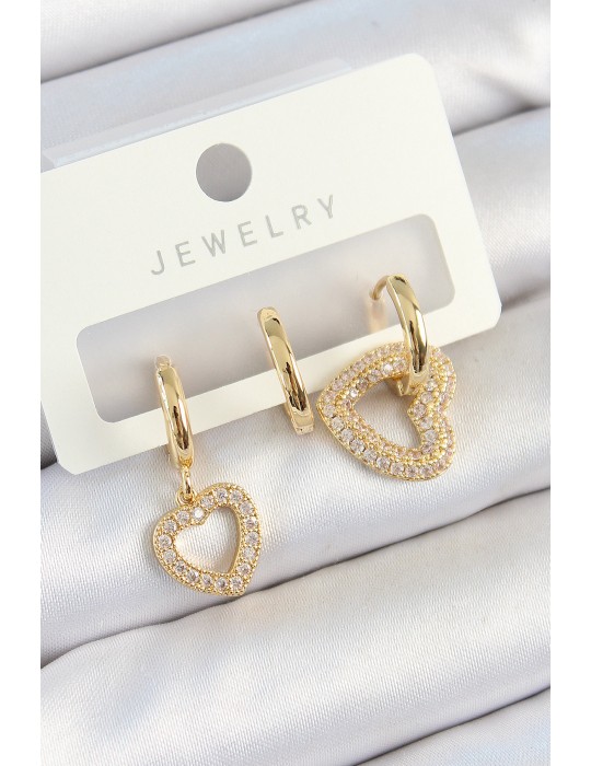 Pirinç Zirkon Taşlı Kalp Model Gold Renk 3'lü Çift Kadın Küpe Set - TJ-BKP10825