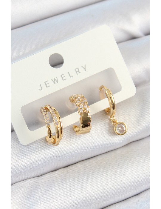 Pirinç Zirkon Taşlı Halka Model Gold Renk 3'lü Çift Kadın Küpe Set - TJ-BKP10826