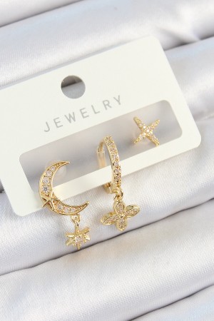 Pirinç Zirkon Taşlı Çiçek Ve Ay Model Gold Renk 3'lü Çift Kadın Küpe Set - TJ-BKP10827 Pirinç Zirkon Taşlı Çiçek Ve Ay Model Gold Renk 3'lü Çift Kadın Küpe Set - TJ-BKP10827