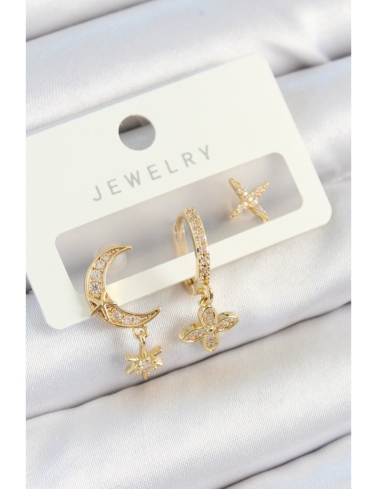 Pirinç Zirkon Taşlı Çiçek Ve Ay Model Gold Renk 3'lü Çift Kadın Küpe Set - TJ-BKP10827