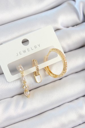 Pirinç Zirkon Taşlı Sallantılı Model Gold Renk 3'lü Çift Kadın Küpe Set - TJ-BKP10829