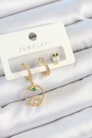 Pirinç Zirkon Taşlı Göz Ve Baykuş Model Gold Renk 3'lü Çift Kadın Küpe Set - TJ-BKP10831 Pirinç Zirkon Taşlı Göz Ve Baykuş Model Gold Renk 3'lü Çift Kadın Küpe Set - TJ-BKP10831