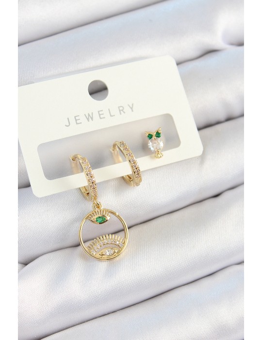 Pirinç Zirkon Taşlı Göz Ve Baykuş Model Gold Renk 3'lü Çift Kadın Küpe Set - TJ-BKP10831