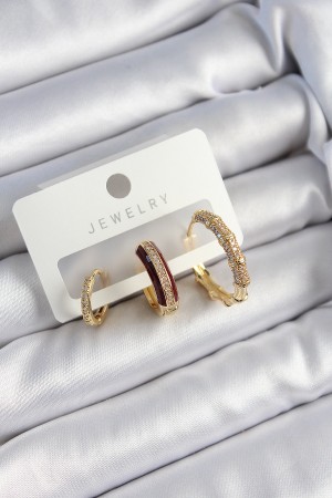 Pirinç Zirkon Taşlı Bordo Halka Model Gold Renk 3'lü Çift Kadın Küpe Set - TJ-BKP10834 Pirinç Zirkon Taşlı Bordo Halka Model Gold Renk 3'lü Çift Kadın Küpe Set - TJ-BKP10834