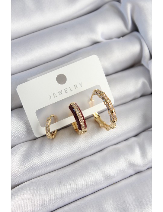Pirinç Zirkon Taşlı Bordo Halka Model Gold Renk 3'lü Çift Kadın Küpe Set - TJ-BKP10834