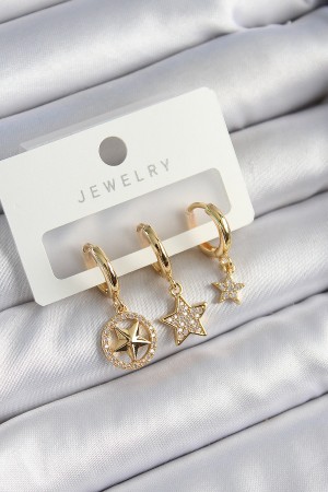 Pirinç Zirkon Taşlı Yıldız Model Gold Renk 3'lü Çift Kadın Küpe Set - TJ-BKP10835
