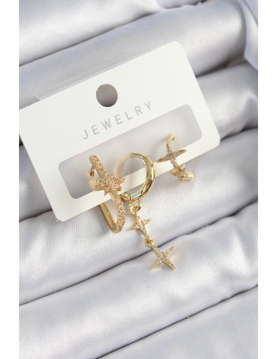 Pirinç Zirkon Taşlı Yıldız Model Gold Renk 3'lü Çift Kadın Küpe Set - TJ-BKP10837