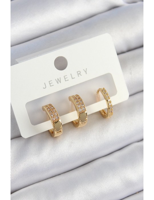 Pirinç Zirkon Taşlı Halka Model Gold Renk 3'lü Çift Kadın Küpe Set - TJ-BKP10838