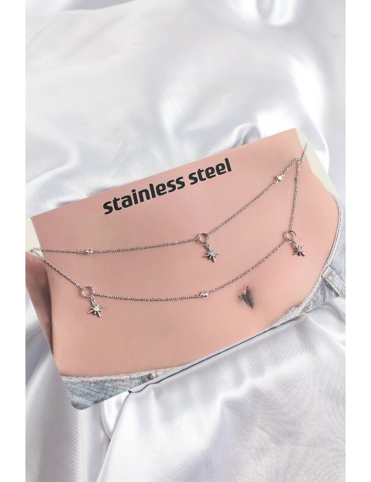 316L Çelik Zirkon Taşlı Kutup Yıldızı Model Gümüş Renk Göbek Zinciri - TJ-BKGZ10343