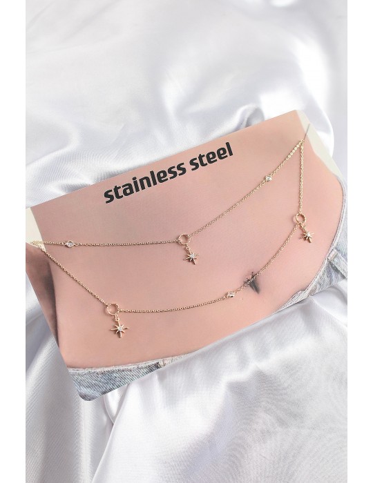 316L Çelik Zirkon Taşlı Kutup Yıldızı Model Gold Renk Göbek Zinciri - TJ-BKGZ10344