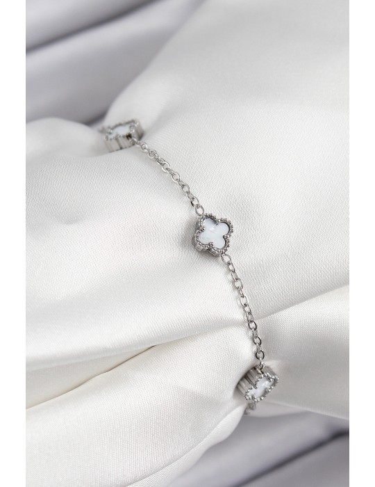 316L Çelik Beyaz Sedef Yonca Model Gümüş Renk Kadın Bileklik - TJ-BB7361