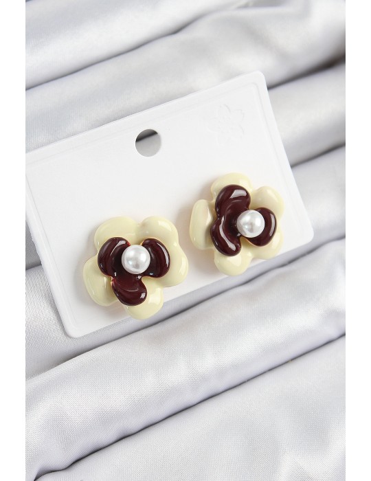 İnci Detaylı Krem Kahverengi Renk Papatya Model Kadın Küpe - TJ-BKP10859