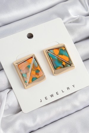 Pirinç Turuncu Yeşil Üçgen Kesim Detaylı Kare Model Vintage Gold Renk Kadın Küpe - TJ-BKP10872 Pirinç Turuncu Yeşil Üçgen Kesim Detaylı Kare Model Vintage Gold Renk Kadın Küpe - TJ-BKP10872