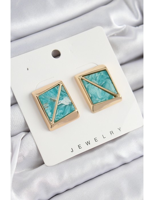 Pirinç Turkuaz Üçgen Kesim Detaylı Kare Model Vintage Gold Renk Kadın Küpe - TJ-BKP10873