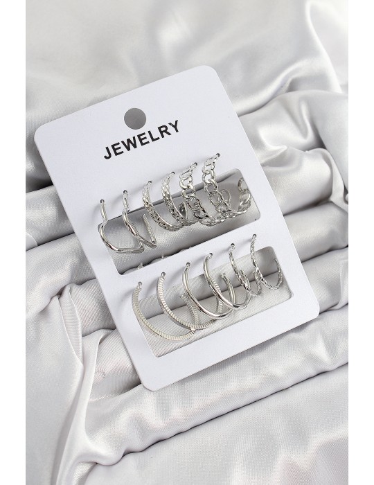 Pirinç Karışık Halka Model Gümüş Renk 6 Çift Kadın Küpe Set - TJ-BKP10876