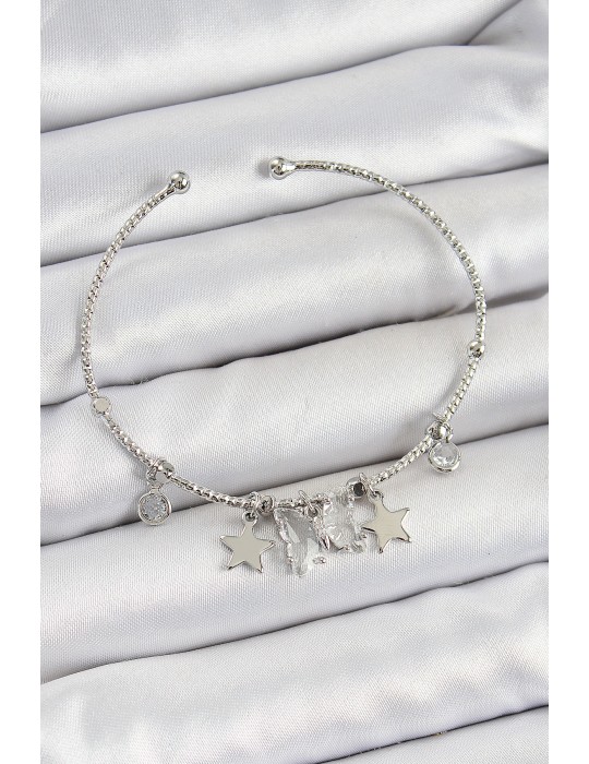 Pirinç Zirkon Taşlı Ve Yıldız Model Gümüş Renk Charm Bileklik - TJ-BB7345