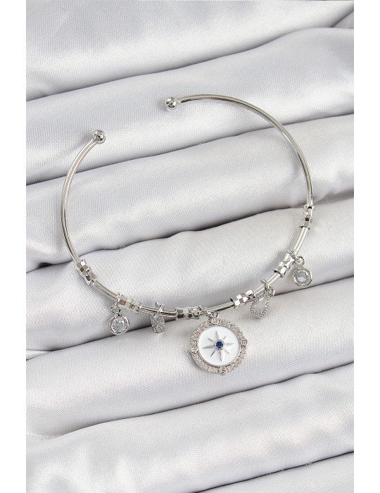 Pirinç Zirkon Taşlı Pusula Model Gümüş Renk Charm Bileklik - TJ-BB7349