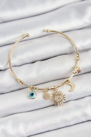 Pirinç Zirkon Taşlı Güneş Ay Nazar Model Gold Renk Charm Bileklik - TJ-BB7354 Pirinç Zirkon Taşlı Güneş Ay Nazar Model Gold Renk Charm Bileklik - TJ-BB7354