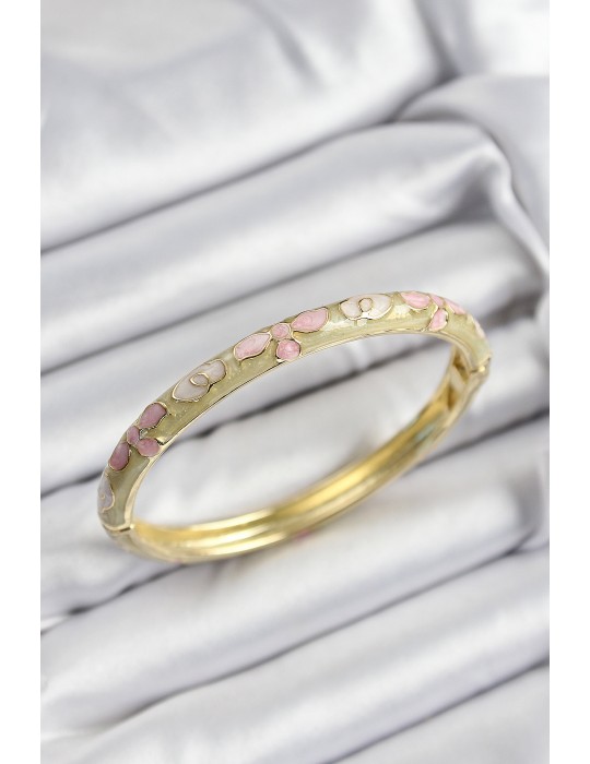 Mineli Pirinç Pembe Hardal Ve Krem Çiçek Motifli Gold Renk Kadın Kelepçe - TJ-BB7389