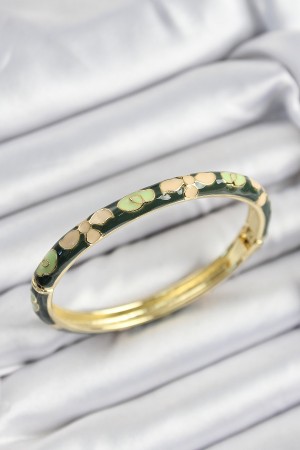 Mineli Pirinç Krem Ve Yeşil Çiçek Motifli Gold Renk Kadın Kelepçe - TJ-BB7400