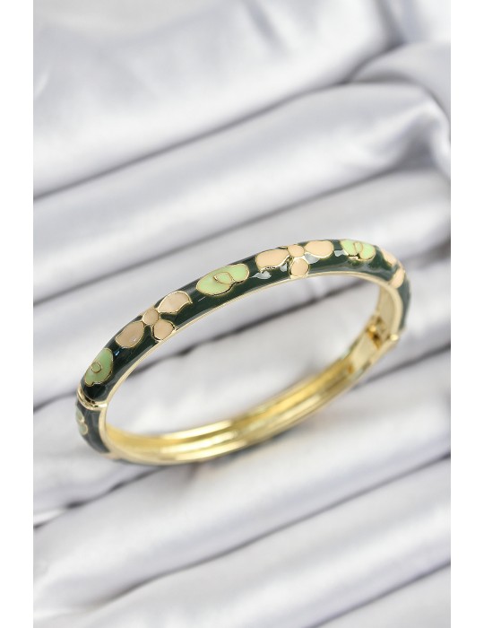 Mineli Pirinç Krem Ve Yeşil Çiçek Motifli Gold Renk Kadın Kelepçe - TJ-BB7400