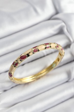 Mineli Pirinç Fuşya Ve Krem Petek Motifli Gold Renk Kadın Kelepçe - TJ-BB7403