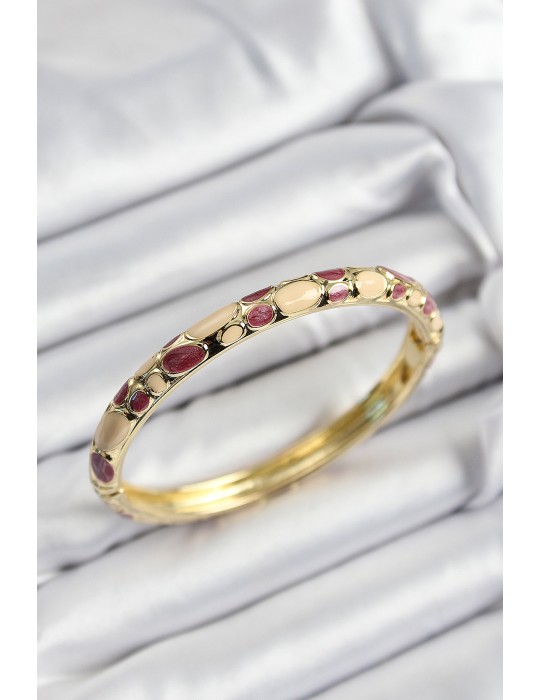 Mineli Pirinç Fuşya Ve Krem Petek Motifli Gold Renk Kadın Kelepçe - TJ-BB7403