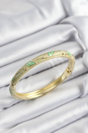 Mineli Pirinç Yeşil Yaprak Motifli Gold Renk Kadın Kelepçe - TJ-BB7413