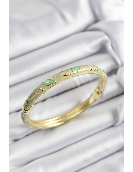 Mineli Pirinç Yeşil Yaprak Motifli Gold Renk Kadın Kelepçe - TJ-BB7413