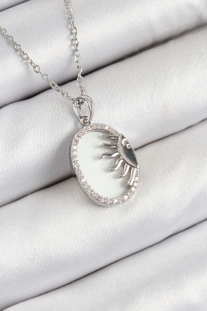 316L Çelik Zirkon Taşlı Yarım Güneş Model Gümüş Renk Kadın Kolye - TJ-BKO10344