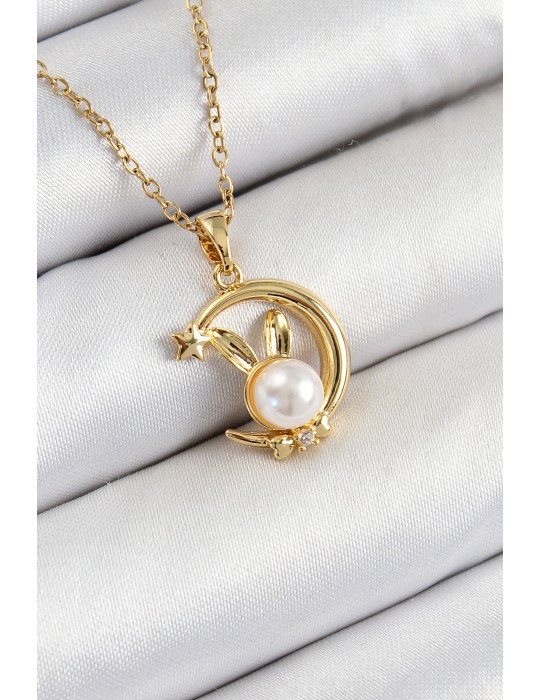 316L Çelik İnci Detaylı Hilal Tavşan Model Gold Renk Kadın Kolye - TJ-BKO10347