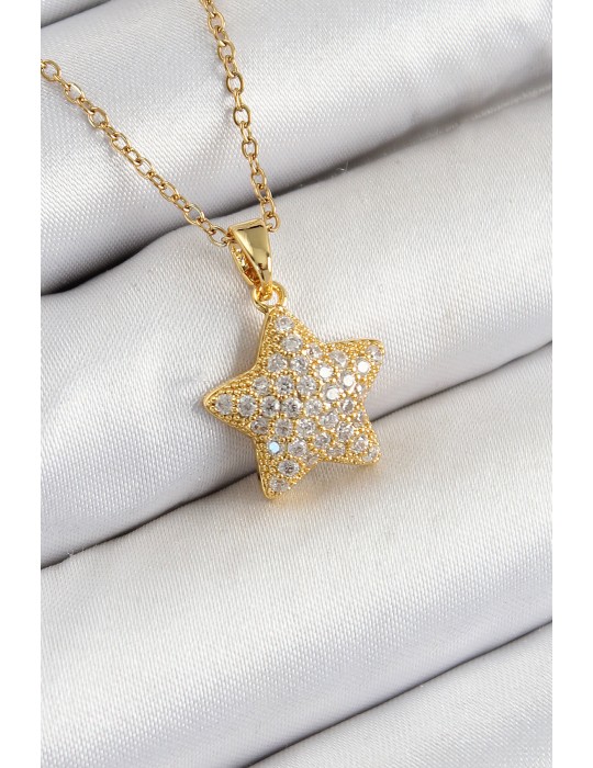 316L Çelik Zirkon Taşlı Yıldız Model Gold Renk Kadın Kolye - TJ-BKO10351