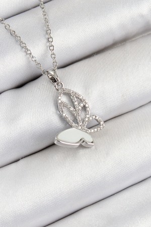 316L Çelik Zirkon Taşlı Model Gümüş Renk Kadın Kolye - TJ-BKO10360