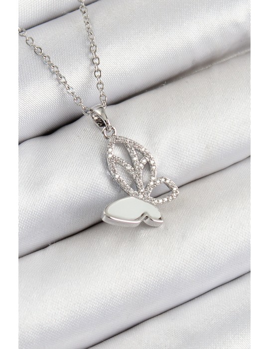 316L Çelik Zirkon Taşlı Model Gümüş Renk Kadın Kolye - TJ-BKO10360