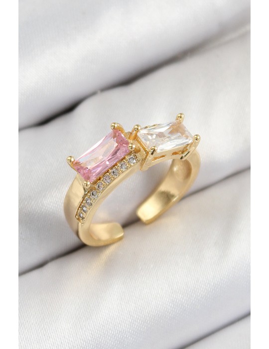 Pirinç Zirkon Taşlı Dikdörtgen Model Gold Renk Kadın Yüzük - TJ-BYK3797
