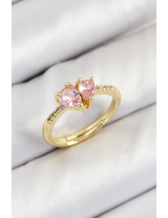 Pirinç Zirkon Taşlı Pembe Kalp Model Gold Renk Kadın Yüzük - TJ-BYK3802