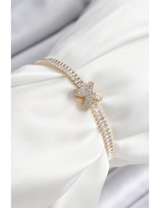 Pirinç Zirkon Taşlı X Detaylı Su Yolu Model Gold Renk Asansörlü Kadın Bileklik - TJ-BB7468