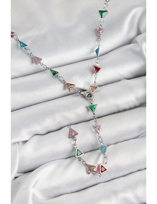 Pirinç Renkli Zirkon Taşlı Üçgen Model Gümüş Renk Kadın Y Kolye - TJ-BKO10383
