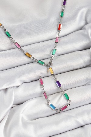 Pirinç Renkli Zirkon Taşlı Dikdörtgen Model Gümüş Renk Kadın Y Kolye - TJ-BKO10385