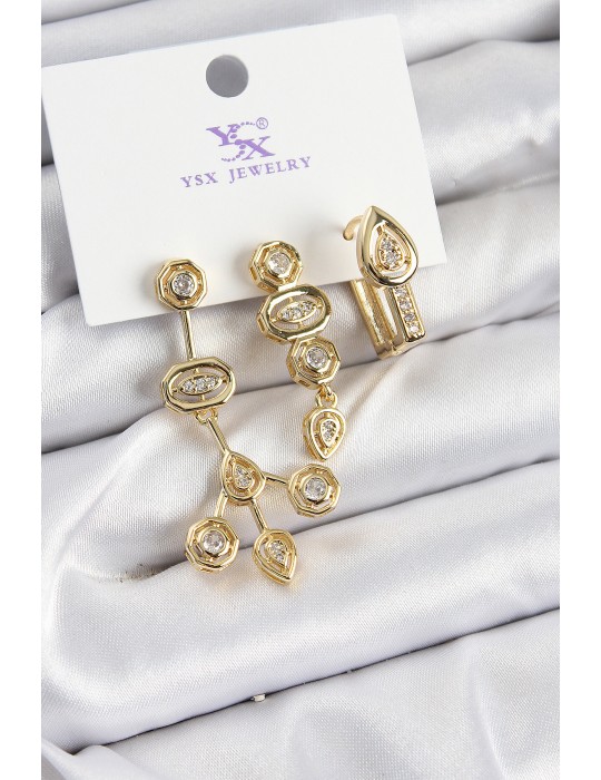 Pirinç Zİrkon Taşlı Geometrik Model Gold Renk 3'lü Kadın Küpe - TJ-BKP10937