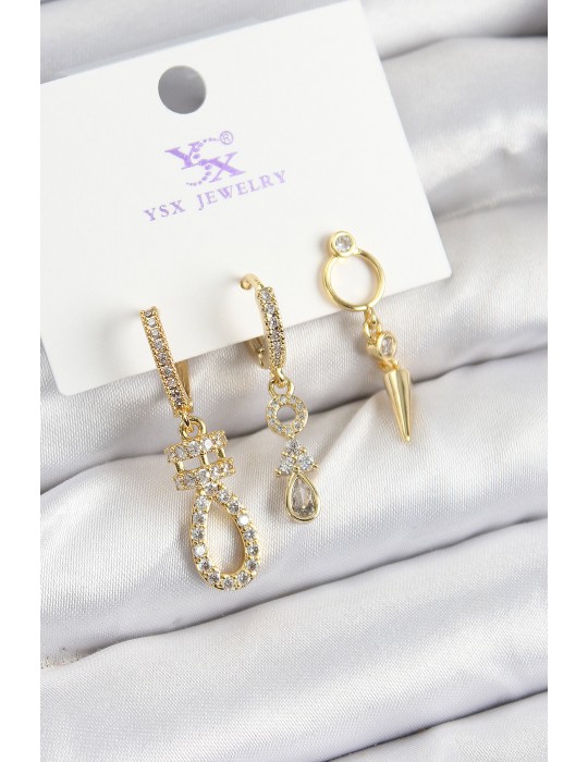 Pirinç Zİrkon Taşlı Sallantılı Model Gold Renk 3'lü Kadın Küpe - TJ-BKP10939