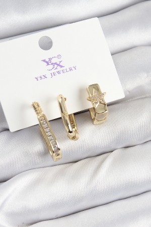 Pirinç Zİrkon Taşlı Yıldız Model Gold Renk 3'lü Kadın Küpe - TJ-BKP10943