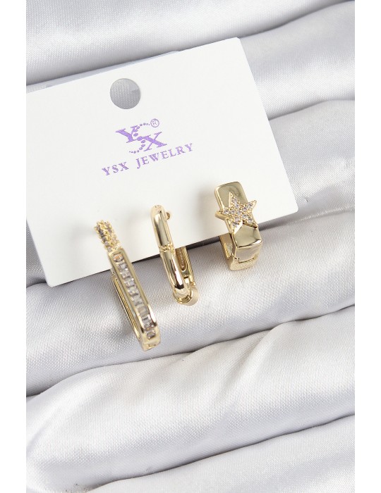 Pirinç Zİrkon Taşlı Yıldız Model Gold Renk 3'lü Kadın Küpe - TJ-BKP10943