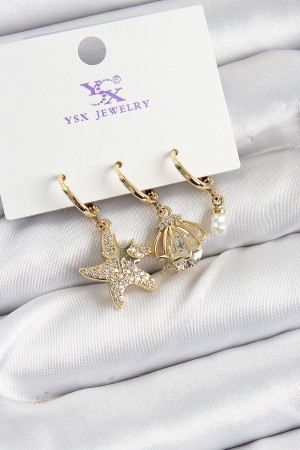 Pirinç Zİrkon Taşlı Deniz Yıldızı Ve İstiridye Model Gold Renk 3'lü Kadın Küpe - TJ-BKP10944 Pirinç Zİrkon Taşlı Deniz Yıldızı Ve İstiridye Model Gold Renk 3'lü Kadın Küpe - TJ-BKP10944